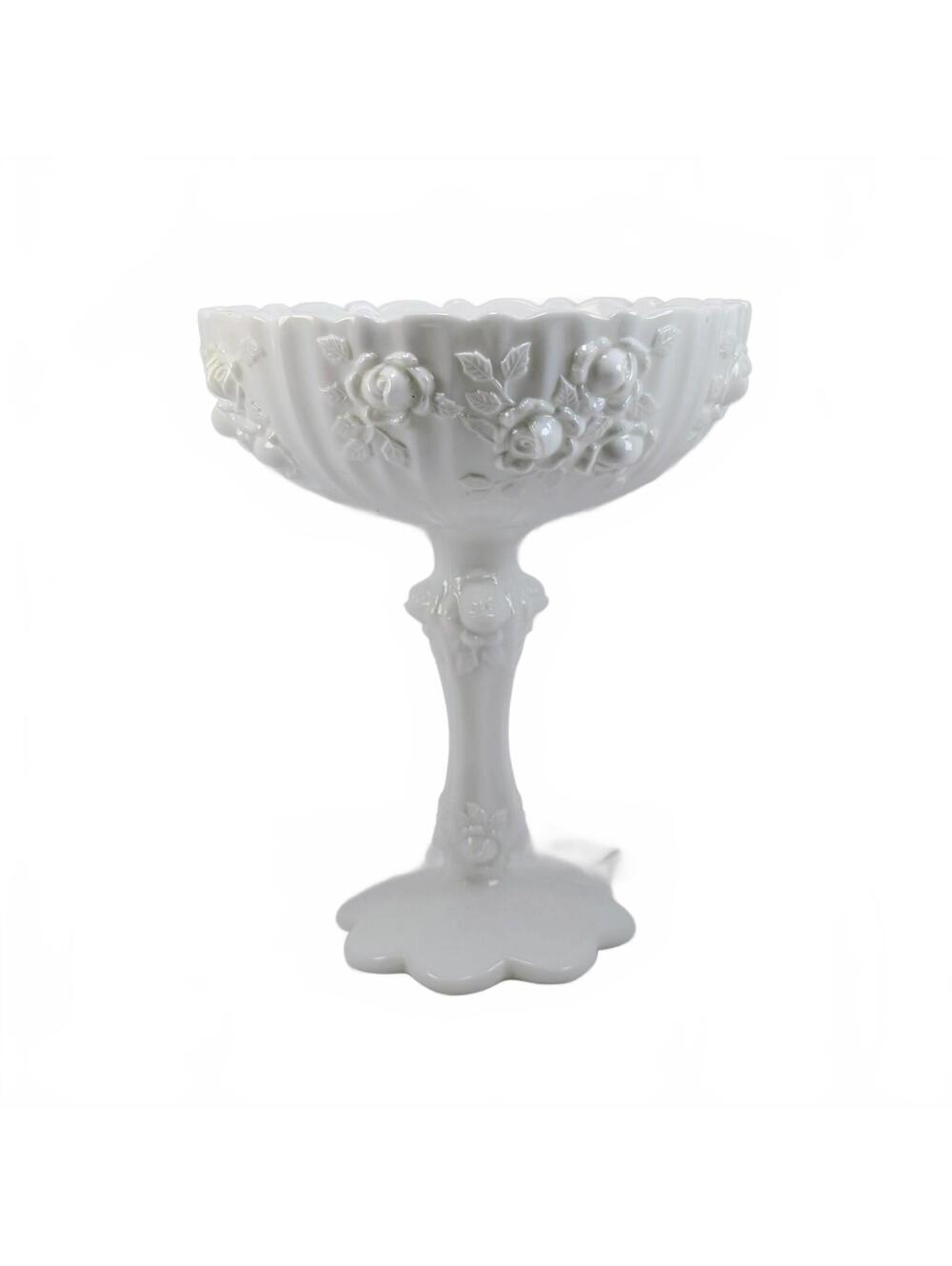 Vtg Fenton Milk Glass Cabbage Rose Pedestal Compote